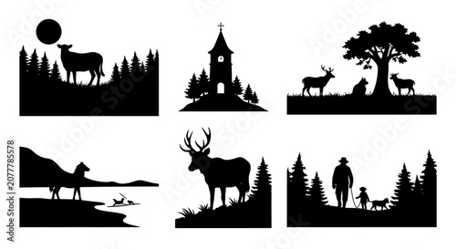 Forest Scenes With Deer And Church Black Silhouette