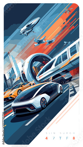 Fotografija Dynamic illustration showcasing a futuristic transportation landscape with autonomous cars, high-speed trains, aircraft, and airships moving rapidly