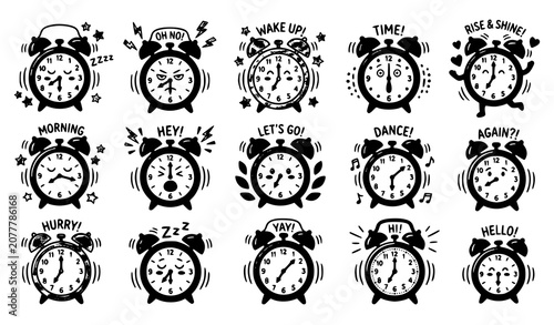 Foto Hand Drawn Alarm Clock Sticker Collection with Cute Cartoon Timepiece Vector Set