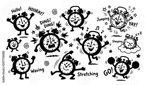 Cute Hand Drawn Alarm Clocks in Playful Cartoon Style Vector Collection