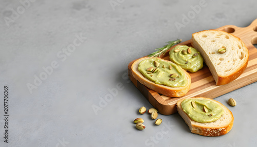 Wooden tray and pieces of bread with tasty pistachio paste on grey grunge background, watercolor. White tone