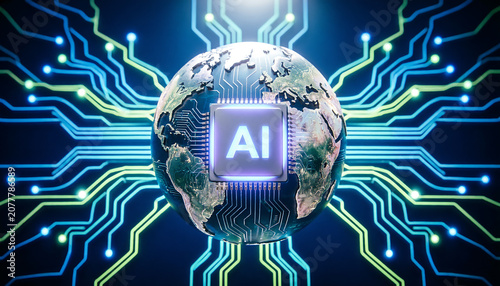 A futuristic glowing AI microprocessor chip in the center with the text 'AI'. Ai futuristic digital globe covered in glowing blue data streams and network node