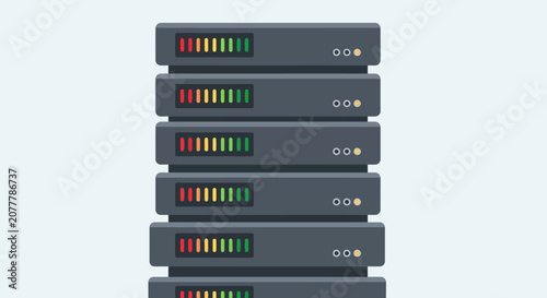 Server Rack with Colorful LED Indicators Stacked Vertically.