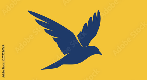 Silhouette of a blue bird in flight against a yellow background.