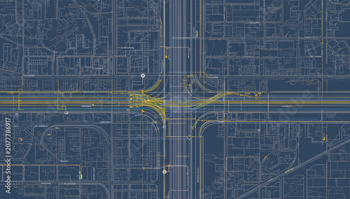 Bild auf Leinwand Abstract digital blueprint of a complex urban highway interchange and city grid with highlighted yellow lines