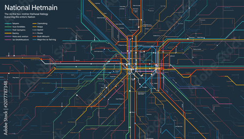 Obraz na plátně A detailed, colorful schematic map illustrating a complex national railway or subway network with numerous intersecting lines and stations