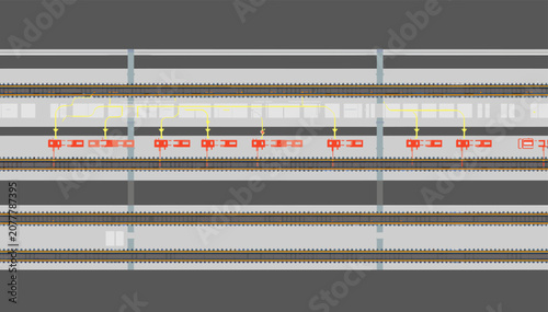 Foto Top-down view of multiple railway tracks with a train and maintenance equipment in a station