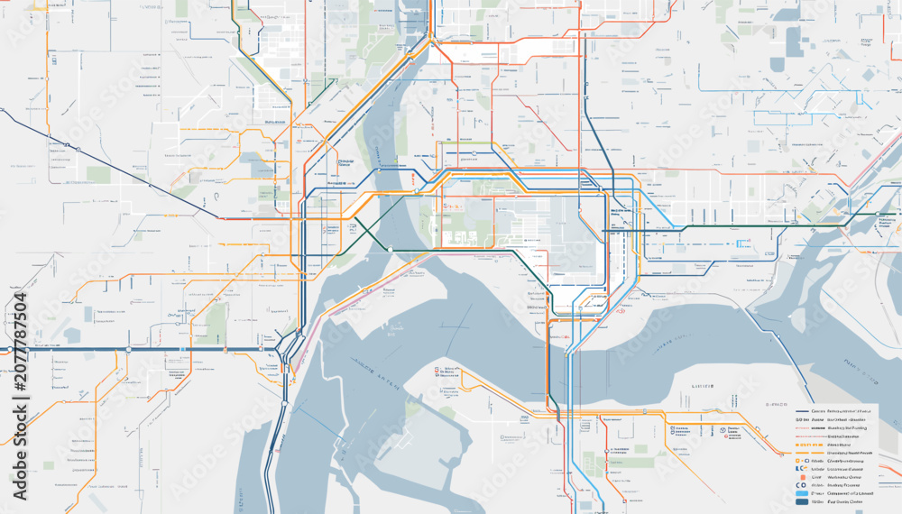 Fototapeta premium A detailed map showing a complex urban transport network with multiple colored lines crossing a large river, illustrating city infrastructure.