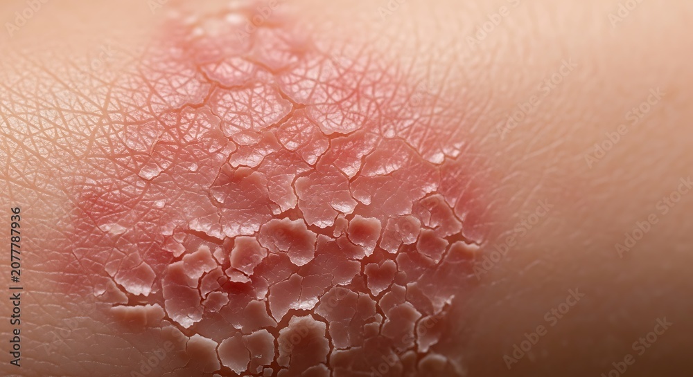 Fototapeta premium Close-up of Psoriasis Skin Condition with Red, Flaky Patches on Human Skin.
