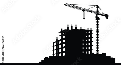 Construction Crane And Building Silhouette Against White Background