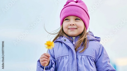 Preschooler smiling in a warm purple jacket and pink hat holds a yellow flower, exploring nature, dreaming