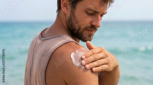 Man with a sunburned shoulder applying sunscreen at the beach, outdoors. sun safety, skin care, summer vacation, protection