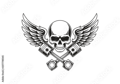 Skull with Crossed Pistons Vector Illustration, Motorcycle Engine Power Tattoo Emblem Design
