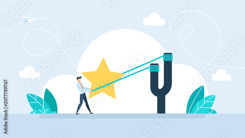 Ambitious businessman pulling a big yellow star with a giant slingshot to launch future success, representing high rating target achievement and corporate motivation. Flat illustration.