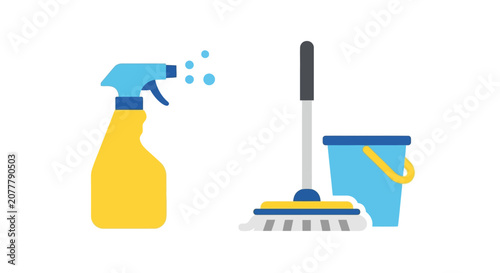 Фотография Cleaning Supplies: Spray Bottle, Mop, and Bucket - Housekeeping Tools