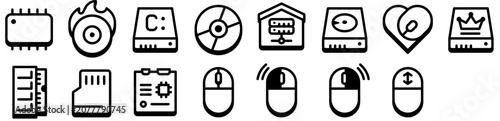 Photography Computer Hardware Icon Set including: mouse, device, hardware, storage, memory, disk, heart, gadget