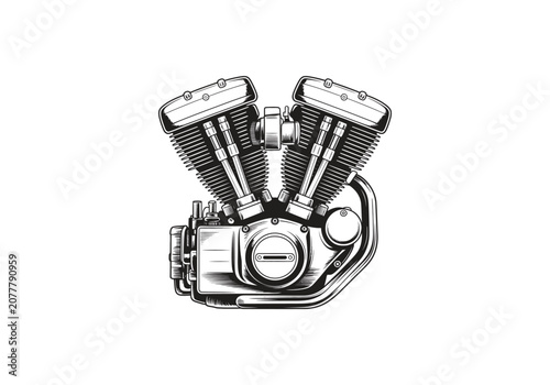 V-Twin Motorcycle Engine Vector Illustration, Mechanical Motor Part Automotive Design