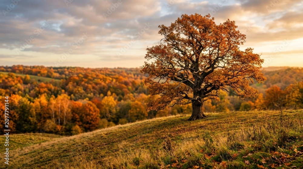 Fototapeta premium Scenic Autumn Landscape with Vibrant Tree and Rolling Hills.