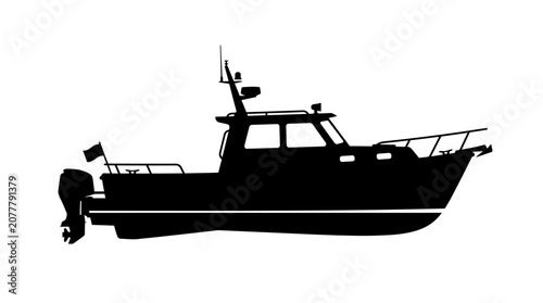 Cuadro en lienzo CAD tree lines Tree Fishing boat silhouette, black motorboat icon, vector illust