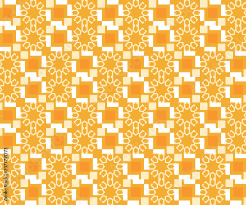A cheerful bright yellow seamless vector pattern consisting of repetitive geometric stars and square grid elements. This vibrant design is perfect for playful branding educational materials or summer-