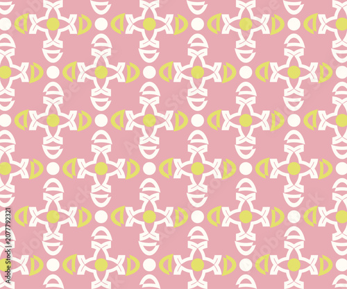 A fun and energetic seamless vector pattern featuring pink and lime green geometric crosses and circular accents. This bright modern design is ideal for children's decor stationery or creative digital