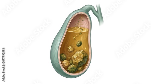 Gallbladder cross section showing gallstones and inflammation