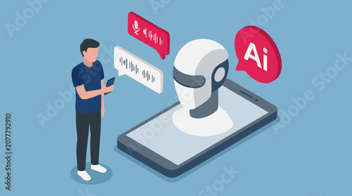 Isometric illustration of person using voice AI assistant on mobile phone