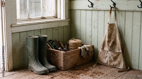 Muddy garden boots and tool crate in a rustic potting shed entryway