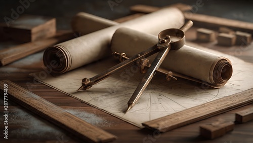 Antique Brass Proportional Divider with Vintage Drafting Blueprints for Architectural Design
