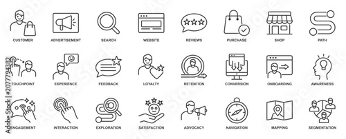 Customer journey icon set in outline style. Icon pack contain onboarding, touchpoint, engagement, feedback, support, retention, and user flow icons.