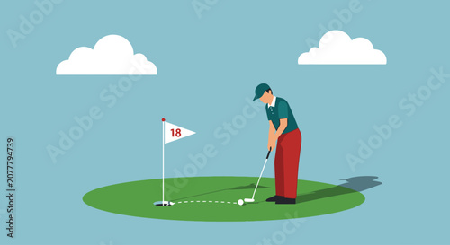 Cuadro en lienzo Golfer putting on green with flag number 18, sunny day, clouds, sports hobby