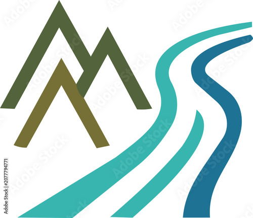 Abstract mountain landscape with dual river stream icon