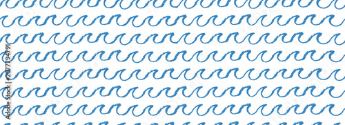 Hand drawn blue curvy wave lines with crayon texture on white background. Seamless repeating horizontal pattern of doodle ocean swirls. Sketchy chalk wavy lines for summer design