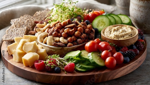 Healthy Protein Snack Board with Cheese Chickpeas Vegetables and Hummus