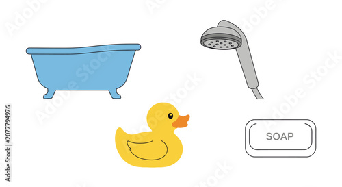 Fotografie Cute Rubber Duck, Bathtub, Shower Head, and Soap for Bath Time Fun