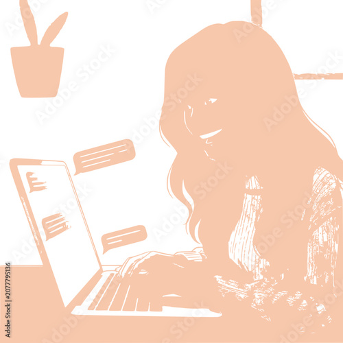 Young Woman Chatting Online on Laptop, Smiling, Modern Communication