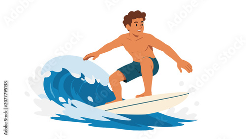 Photography Young man surfing on an ocean wave in flat vector style