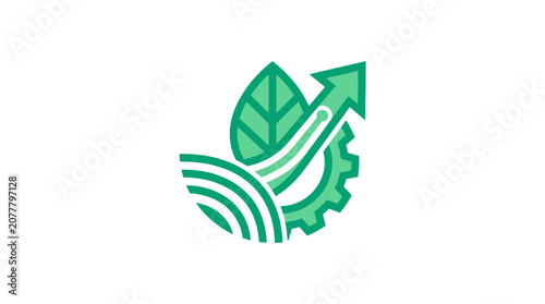A green icon showing a leaf and a gear representing sustainable industrial growth