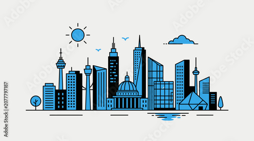 A minimalist vector illustration of a modern city skyline with blue buildings