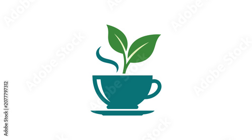 A simple graphic illustration of a hot herbal tea cup with green leaves