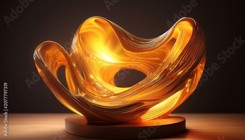 luminous amber toned sculpture on wooden base organic forms glowing with warm light