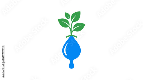 A simple graphic illustration of a blue water drop with green leaves growing above it