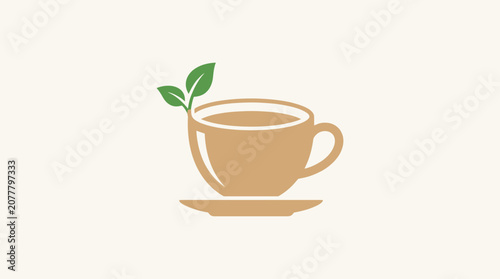 A simple graphic illustration of a hot herbal tea cup with fresh green leaves