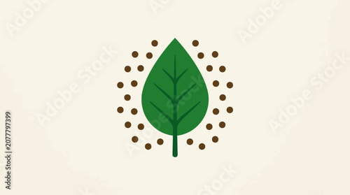 A simple green leaf icon surrounded by small brown dots on a light background