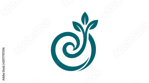A minimalist graphic icon featuring a stylized green plant sprout in a circular swirl