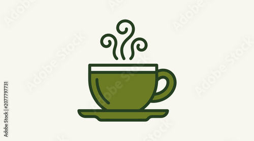 A simple green icon of a steaming hot cup of beverage on a saucer