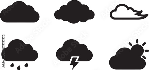 Obraz na plátně Set of six weather condition icons showing cloud types and precipitation Vector