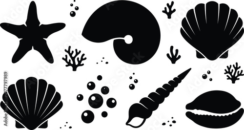 Foto Seashell silhouette vector set featuring starfish nautilus scallop conch shell b