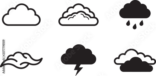 Fotografie Set of six weather condition icons with different cloud and precipitation styles
