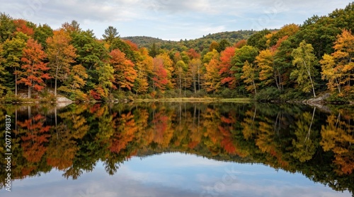 Serene Autumn Landscape with Colorful Trees Reflected in Calm Lake.